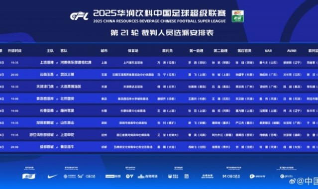 中超第21轮裁判安排：艾堃执法浙江队vs申花，无外籍裁判执法